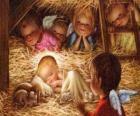 Çocuk İsa&#039;nın bir melek koruma manger içinde